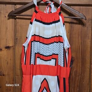 Eliza J Orange Geometric Print Halter Maxi Dress Womens Size 2 Side Zip V-Back